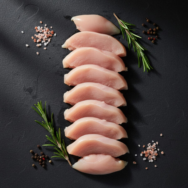 Blanc de poulet, escalope de poulet ou filet de poulet coupée en tranche moyenne