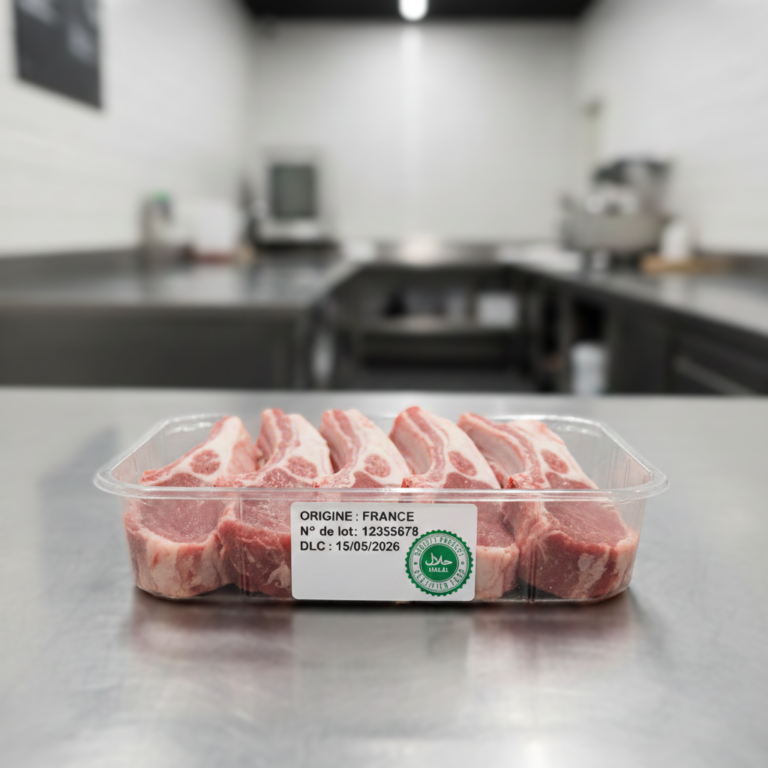 Étiquette de viande halal sur barquette d’agneau avec origine, numéro de lot et certification halal