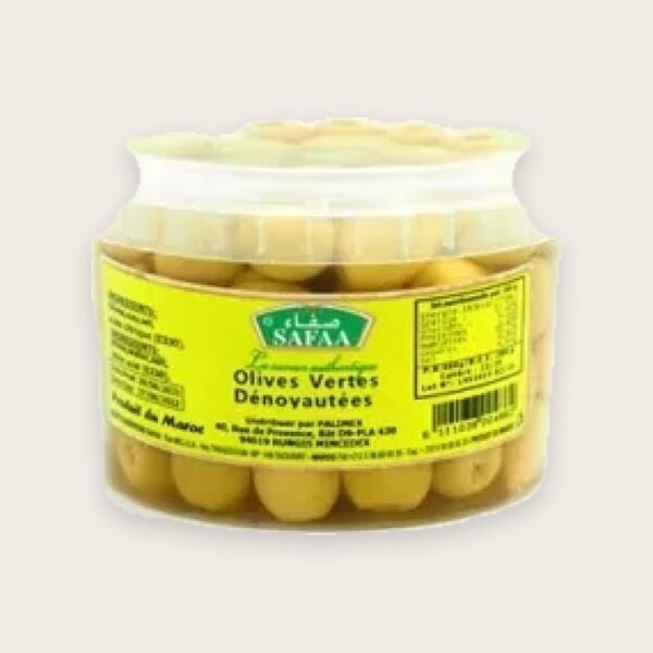 Olives vertes dénoyautées, boîte plastique 350 g